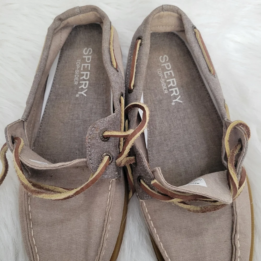 Sperry Top-Sider Boat Shoes Linen & Leather 9 EUC Beige & Blue - Picture 6 of 14